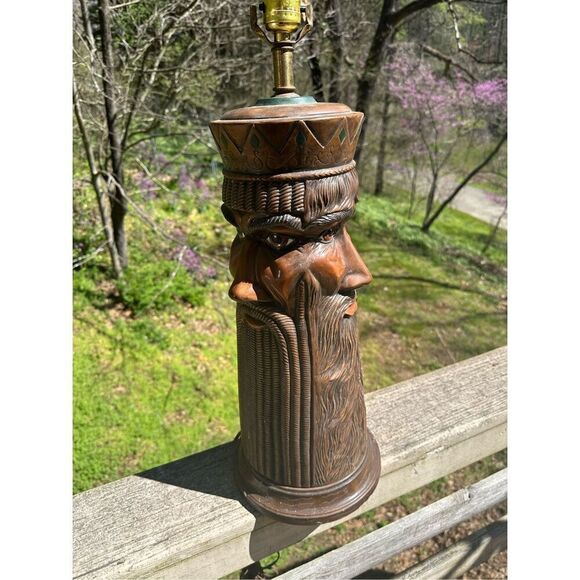 Vintage MCM 70s Ceramic Large Lamp Carved Look 3 Faces Beards Unique 19” Signed - Picture 3 of 16